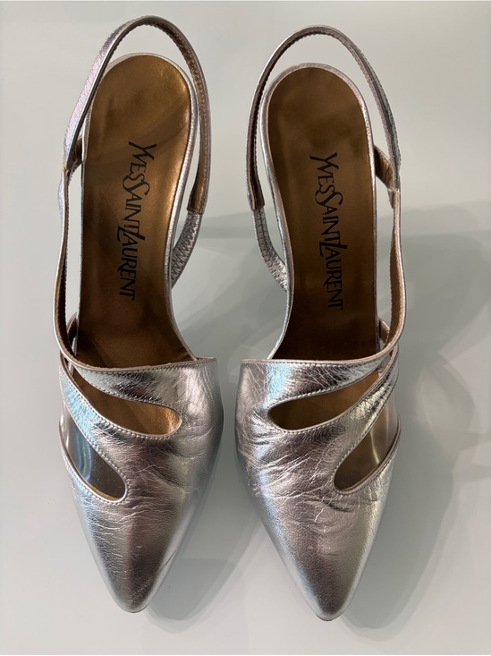 Yves Saint Laurent Shoes - Yves Saint Laurent Iridescent Silver Pointed Slingback Pumps